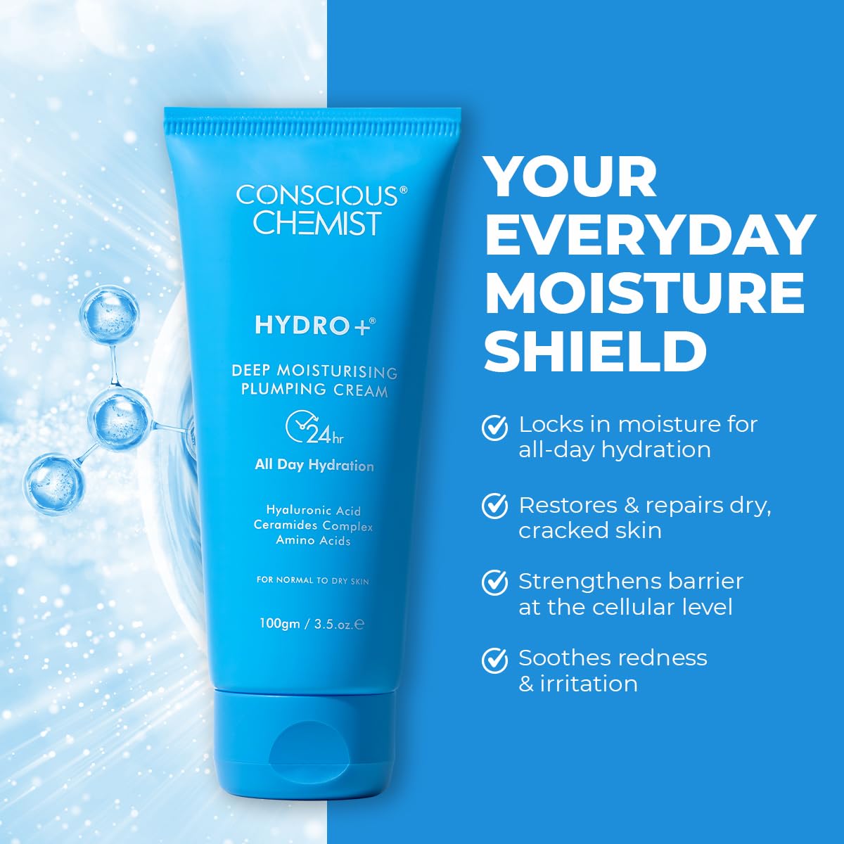Conscious Chemist Hyaluronic Acid Moisturizer | 100g | Moisturizer for Dry Skin Face, Ceramide Moisturizer, Face Cream for Men & Women, Treat Dull, Dehydrated Skin, For Normal to Dry Skin - Hydro+