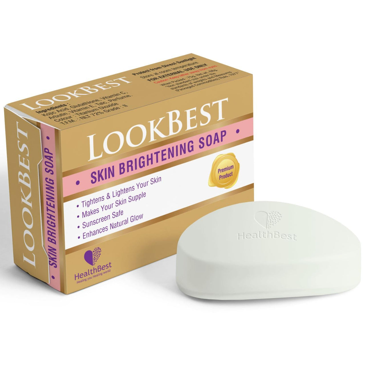 HealthBest Kojic Acid Glutathione Limited Ingredient Whitening Soap For Men & Women - Vitamin C, Kojic Acid, Glutathione, Anti-Aging, Skin Brightening, Dark Spot Remover, Detan Soap - Pack of 3