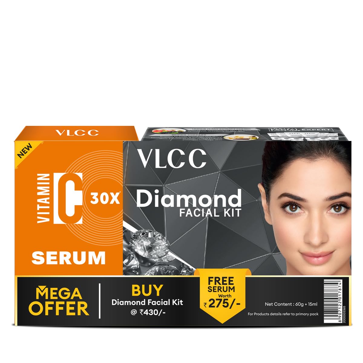 VLCC Diamond Facial Kit - 60g with FREE Vitamin C Serum - 15ml for Skin Purification & Skin Hydration | With Colloidal Diamond, Jojoba Oil, Vitamin C, and Ferulic Acid
