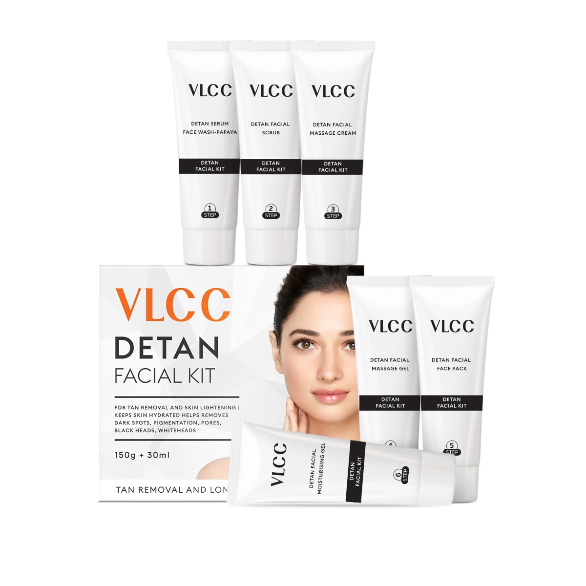 VLCC De-Tan Facial Kit - 180g (150g+30ml) | For Tan Removal | Hydrates, Helps Removes Dark Spots, Pigmentation, Pores, Blackheads & Whiteheads | With SPF 15+ Moisturizer