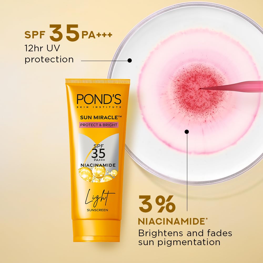 POND's Sun Miracle Spf 35 Pa+++ Light Sunscreen For All Skin-Protect & Bright, With Niacinamide, Prevent & Fade Dark Patches, Lightweight, No White Cast 50G,1 Count