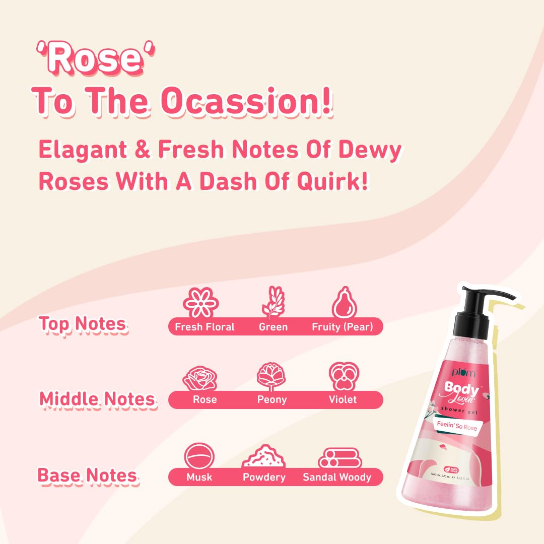 Plum BodyLovin' Feelin' So Rose Shower Gel | SLS-Free Body Wash For Women | Long Lasting Musky Rose Fragrance | Aloe-Infused Nourishing Body Cleanser For Soft & Smooth Skin (240 ml)