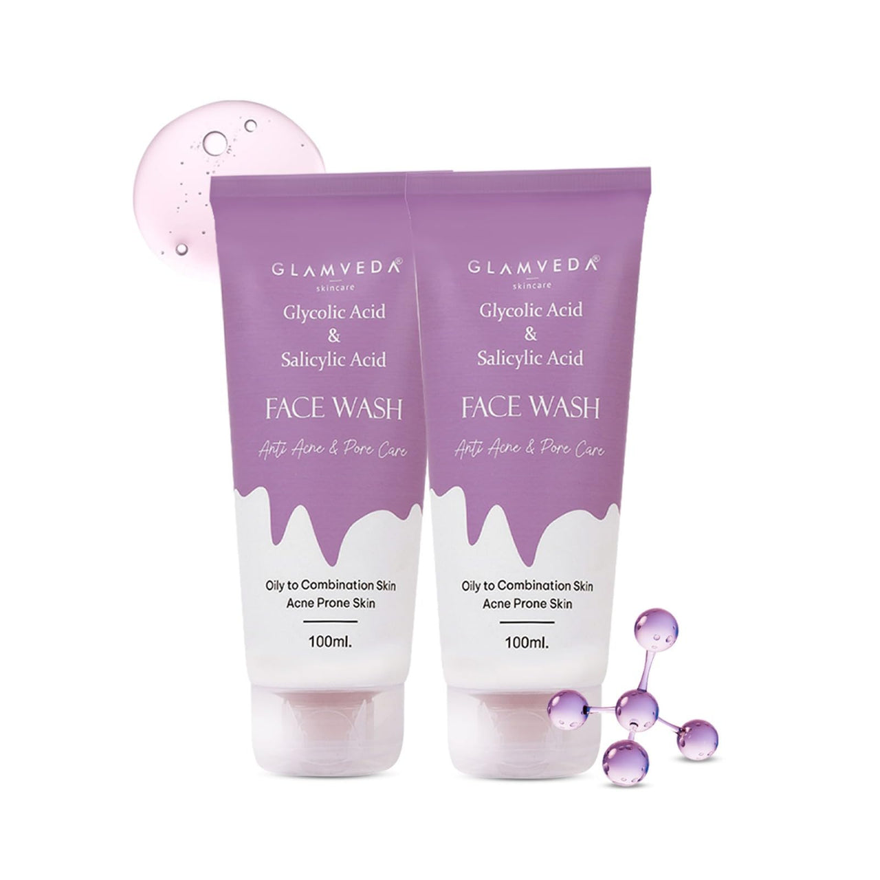 Glamveda Glycolic Acid & 0.05% ww Salicylic Acid Anti Acne Face Wash (100ml Pack of 2) | For Oily & Acne Prone Skin | Oil balancing, Deep Cleansing | No Paraben, SLS