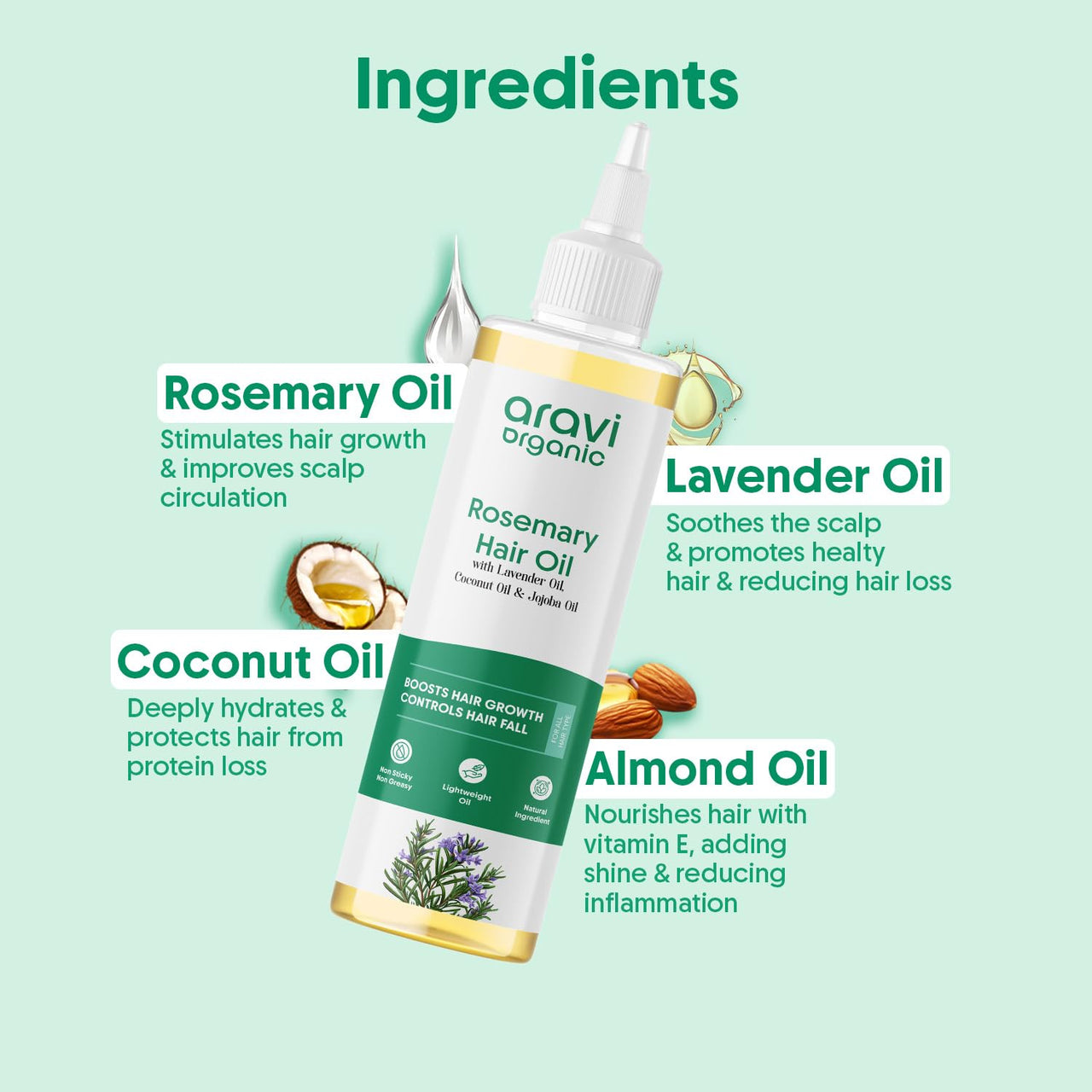 Aravi Organic Rosemary Lavender Hair Oil For Healthy Scalp, Hair Roots - 100% Pure & Natural - For Hair Growth & Hair Fall Control - 200 ml