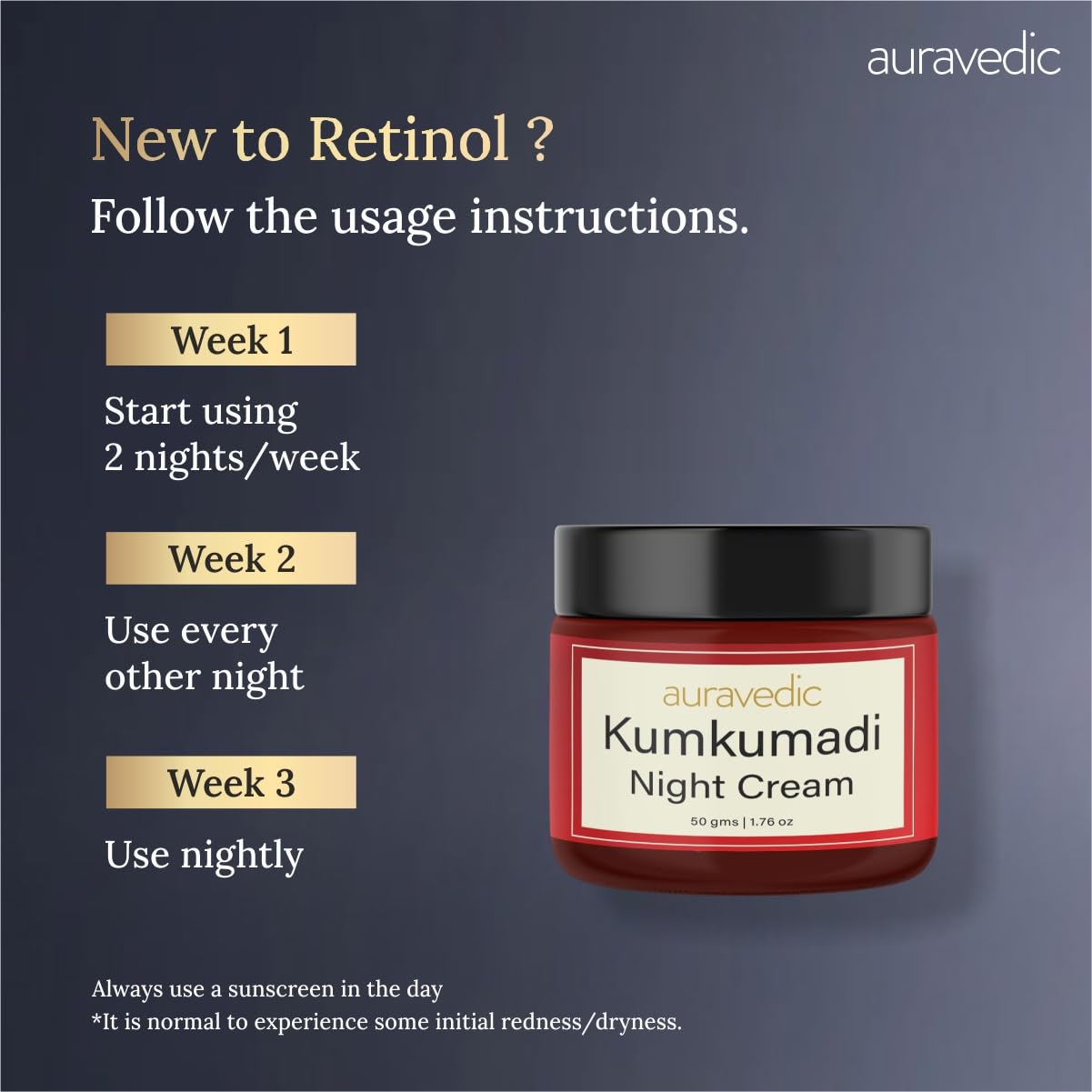 Auravedic Kumkumadi Oil Retinol Night Cream For Face - Night Cream For Women With Niacinamide, Retinol, Saffron & Padmaka - Overnight Repair & Renew For Glowing Skin, 50g