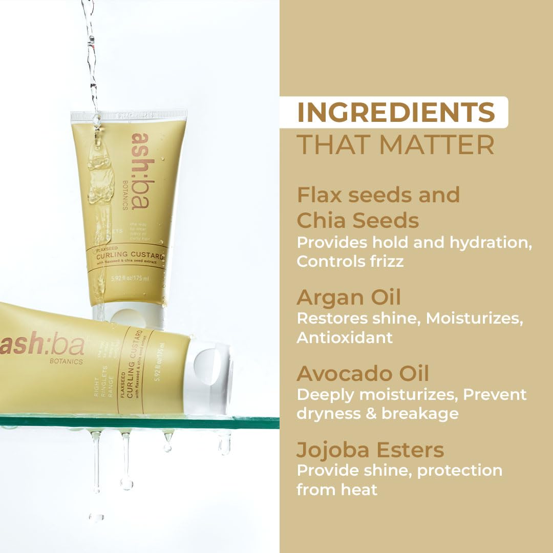 Ashba Botanics Flaxseed Curling Custard For Wavy, Curly, Frizzy & Coily Hair | Argan, Avacado Oil, Shea Butter | Provides Moisture, Controls Frizz, Strong Hold | Phthalates & Parabens Free (ml, 175)