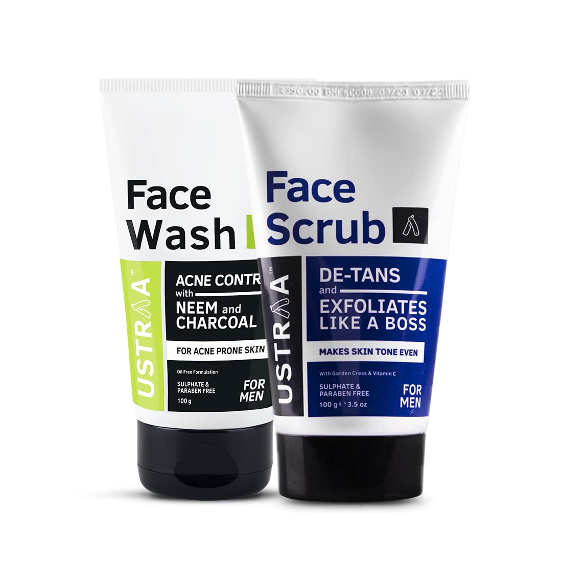 Ustraa De-Tan Face Scrub for Men, 100g | Exfoliation & Effective Tan Removal | No SLS & Face Wash Acne Control - With Neem & Charcoal - 100g - Oil control, Prevents Acne| Keeps Face Non-Oily | No SLS