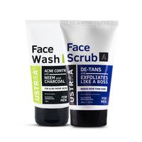 Ustraa De-Tan Face Scrub for Men, 100g | Exfoliation & Effective Tan Removal | No SLS & Face Wash Acne Control - With Neem & Charcoal - 100g - Oil control, Prevents Acne| Keeps Face Non-Oily | No SLS