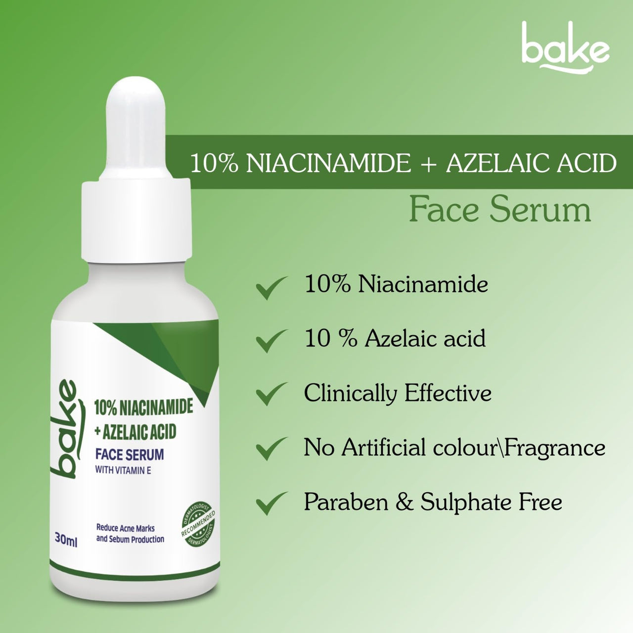 BAKE 10% Niacinamide + Azelaic Acid Face Serum for Acne Marks, Dark Spots & Open Pores | Reduces Active Acne, Blemishes | 30ml