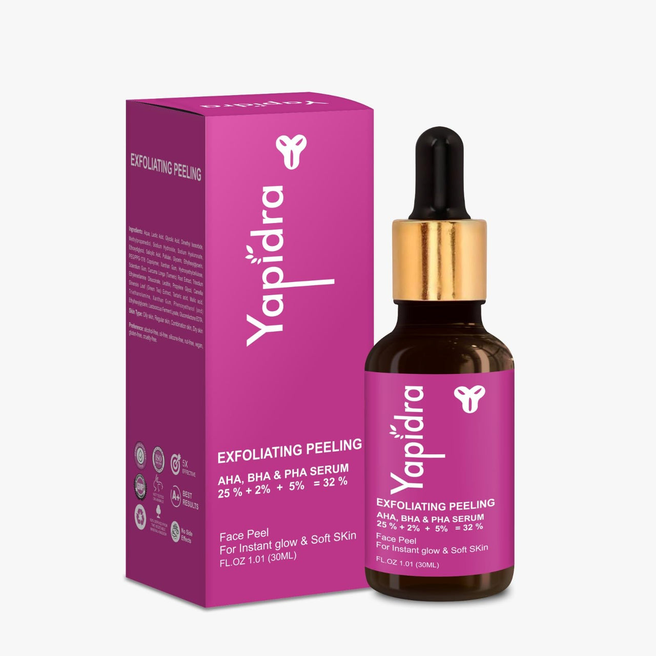 Yapidra Triple-Acid Peeling Serum with 25% AHA, 2% BHA & 5% PHA for deep exfoliation, smoother, radiant skin | Lightweight, fast-absorbing formula |30ml