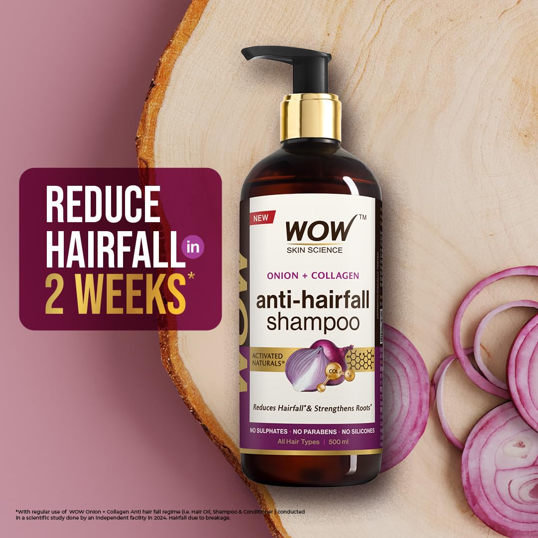 WOW Skin Science Onion & Collagen Anti-Hairfall Shampoo|Reduces Hairfall|Strengthens Roots|Nourishes Scalp|Prevents Breakage|Enhances Hair Thickness and Shine|New & Improved Formulation|500ml