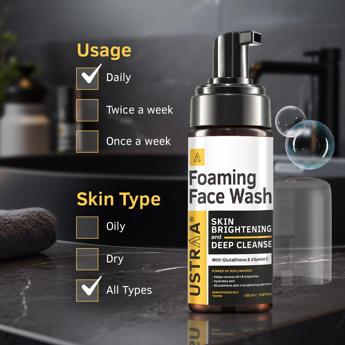 Ustraa Foaming Face Wash - 150ml - Skin Brightening & Deep Cleanse | with Glutathione & Vitamin C | Helps in Effective Removal of Dirt & Tan | Hydrates Skin | NO SLS, NO PARABEN