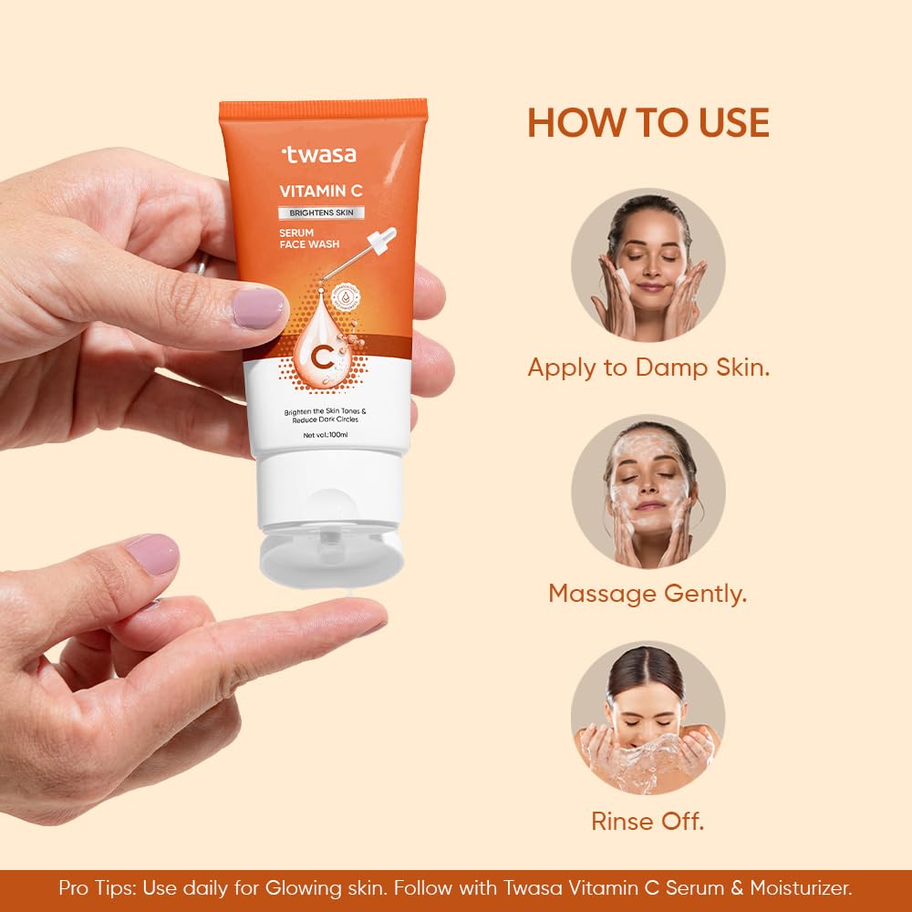 Twasa Vitamin C Serum Face Wash For Skin Brightening, Even Skin Tone & Reduce Dark Circles with Niacinamide & Orange Beads | Paraben & SLS Free(100 ml)