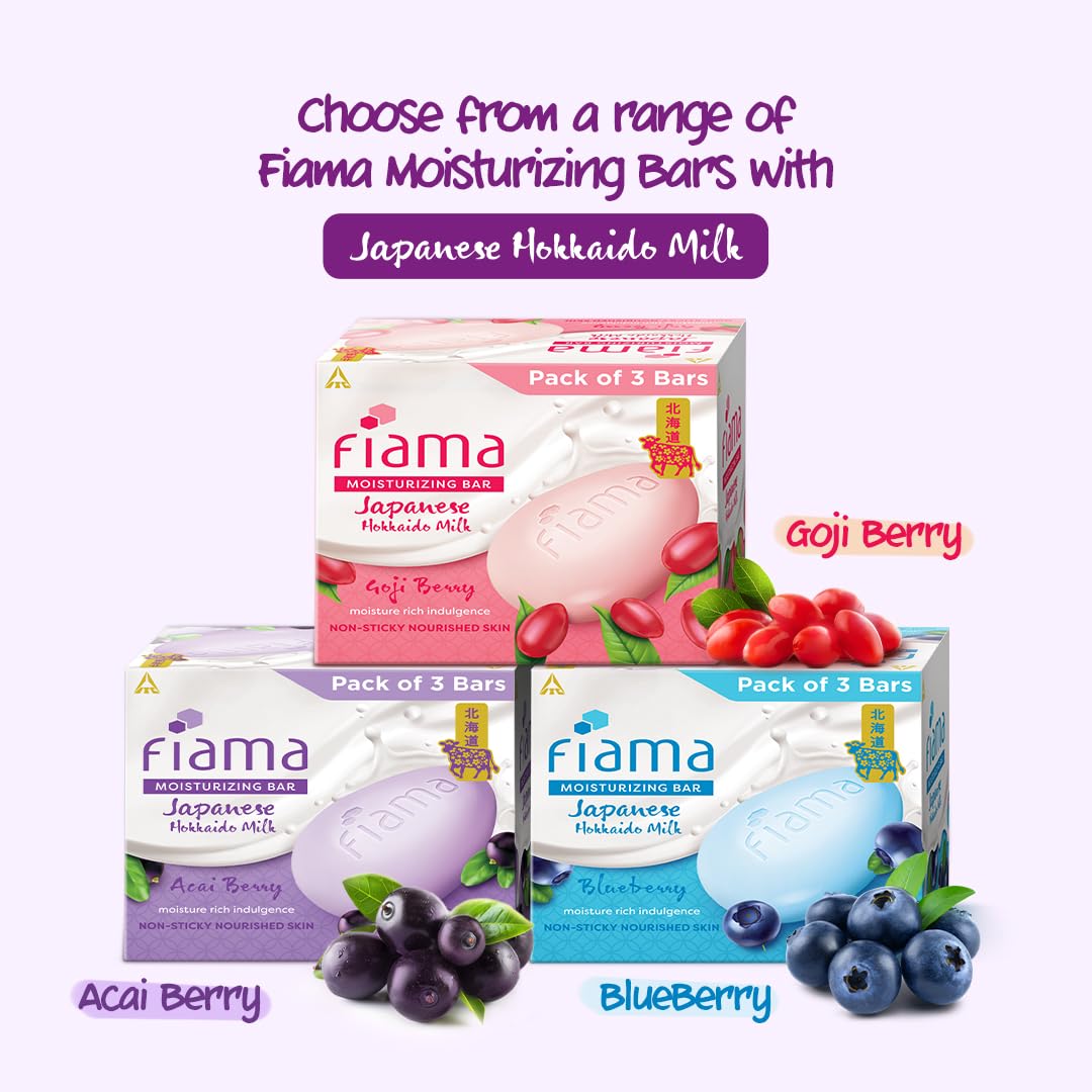 Fiama Moisturizing Soap Bar, Japanese Hokkaido Milk & Acai Berry, Soap Pack of 3, Non-Sticky Moisturized Skin, 1/3rd Skin Moisturizers, Vitamin F, Fragrant Freshness