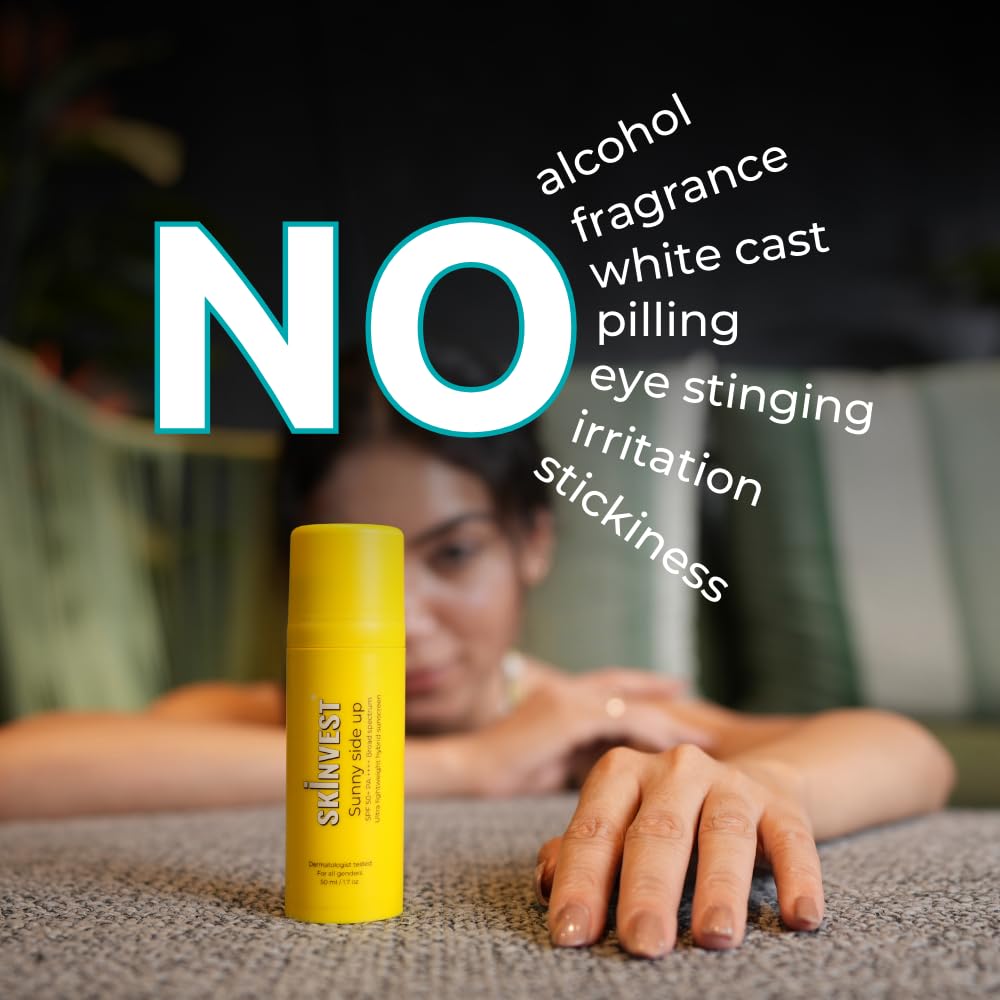Skinvest Sunny Side Up Ultra Lightweight SPF 50+ PA ++++ Sunscreen 50ml For Men & Women, Protects From Sun Damage, Broad Spectrum UVA/UVB Protection, Non Greasy, Non Sticky, No White Cast, Suitable For All Skin Types