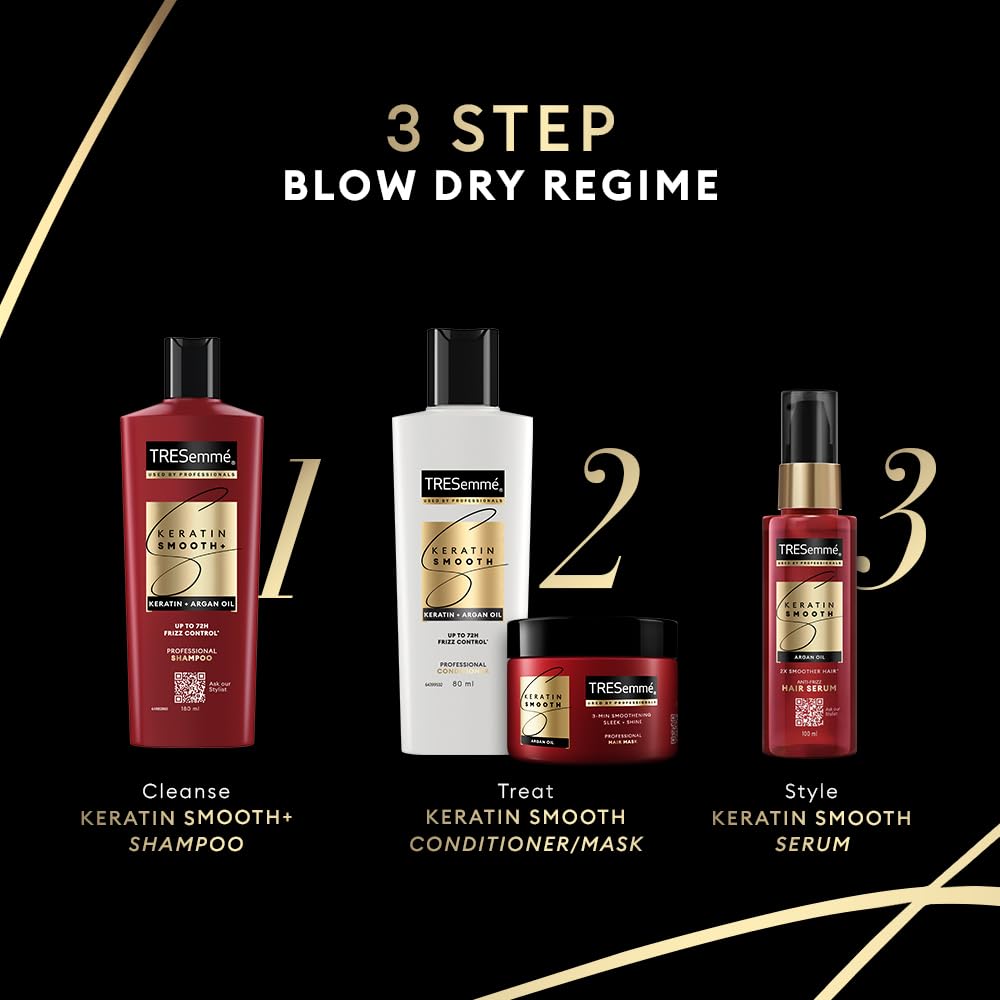 TRESemme Keratin Smooth+ Shampoo 180ml With Keratin Protein and Argan Oil | Salon-Like Smooth Hair | Up To 72H Frizz Control