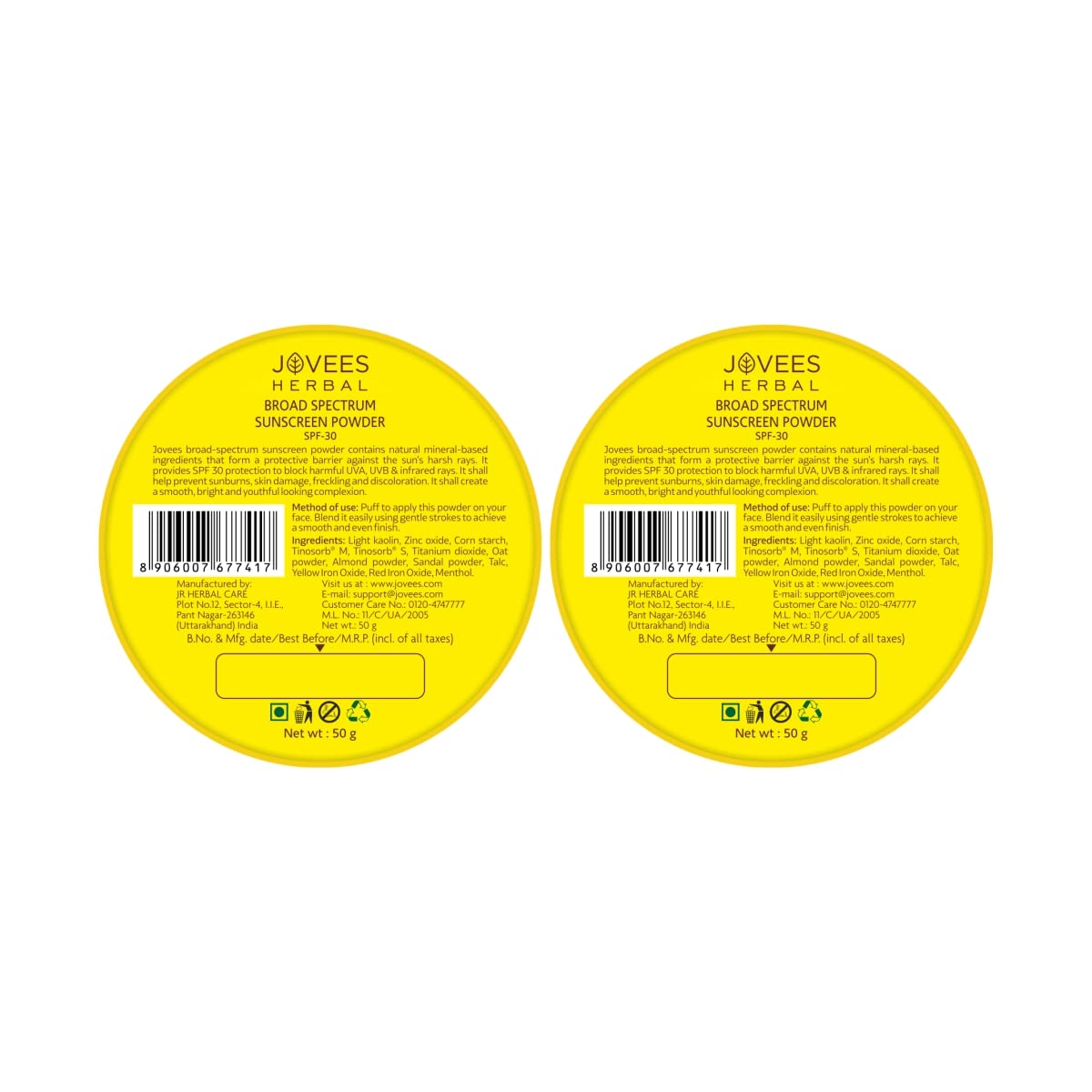 Jovees Herbal Broad Spectrum Sunscreen Powder With SPF 30 | Prevents Sunburns, Skin Damage & Uneven Skin Tone | Natural Mineral Based Ingredients 50 G (Pack of 2)