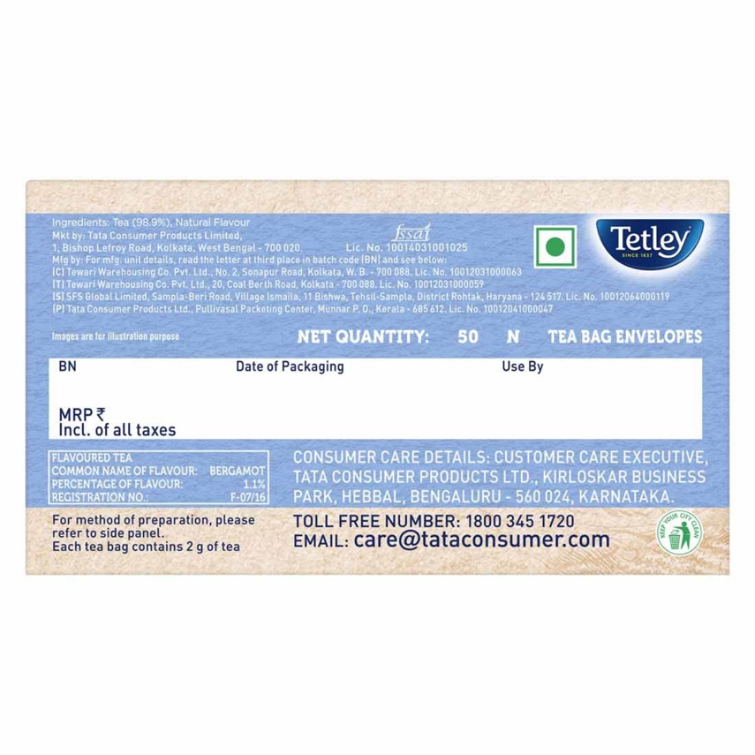 Tetley Earl Grey, Flavoured Black Tea, Rich Assam Blend, 50 Tea Bags, 100Gm (2 X 50 Gm)