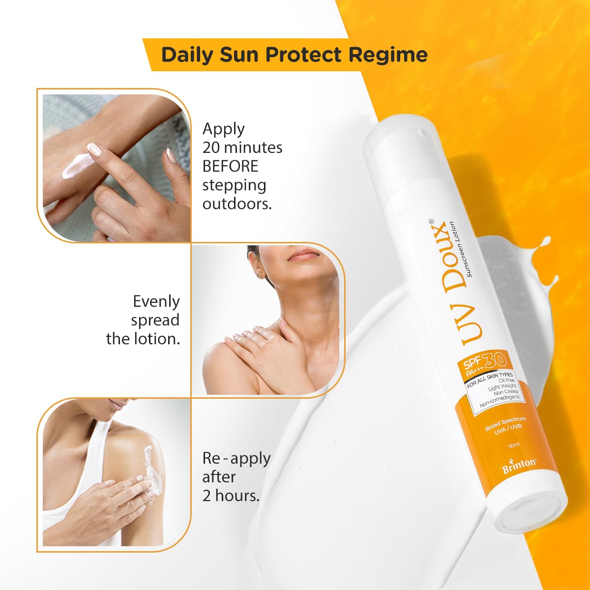 UV Doux Sunscreen Lotion with SPF 30 | Oil Free Formula | Sweat & Water Resistant | Lightweight, Non-Greasy and Non-Comedogenic | For All Skin Types, 50ml