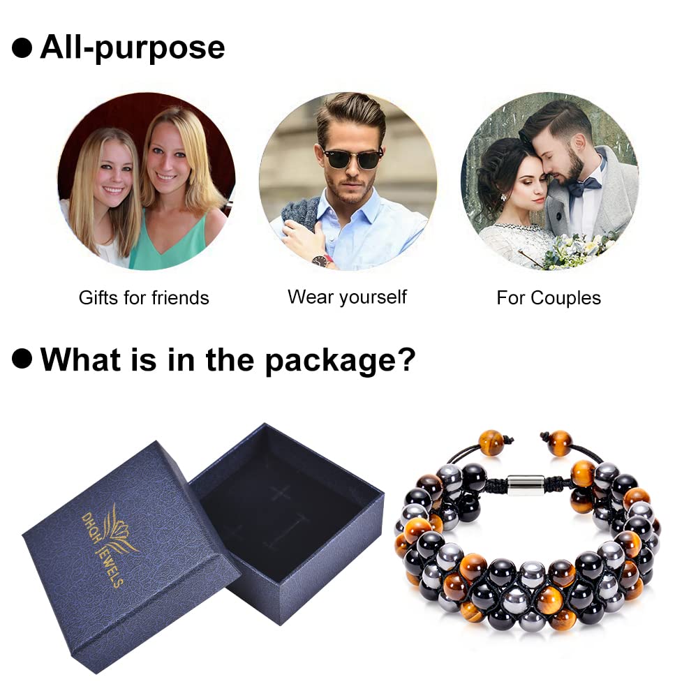 DHQH Triple Protection Bracelet Natural Black Obsidian Tigers Eye Hematite 8-10mm Beads Handmade Bracelet- Healing Crystal Bracelet Bring Luck Prosperity and Happiness F-Three-layer Bracelet