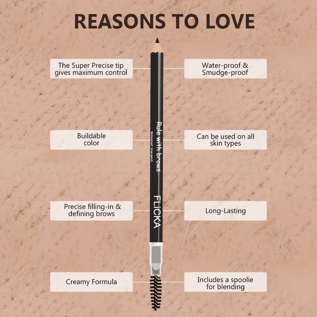 FLiCKA Rule With Brows Eyebrow Pencil, With Spoolie, Long-lasting and Natural-looking Results, Define & Blend Brow Pencil, Brown, 1.2g