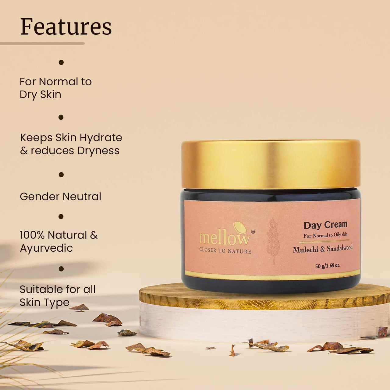Mellow Mulethi & Sandalwood Day Cream | Lightweight Moisturizer for Oily & Normal Skin | Brightens, Hydrates & Protects from UVA/UVB | Non-Greasy, Fast-Absorbing | 50gm