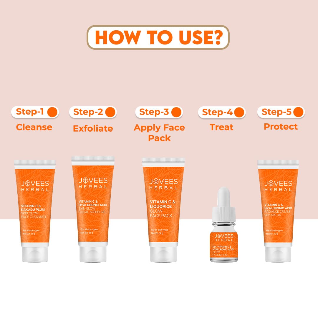 Jovees Herbal Vitamin C & Hyaluronic Acid Glow & Radiance Mini Facial Kit For Brighter & Glowing Skin | Kit For Improves Uneven Skin Tone, Fines Lines & Dullness 53g (Multiple use)
