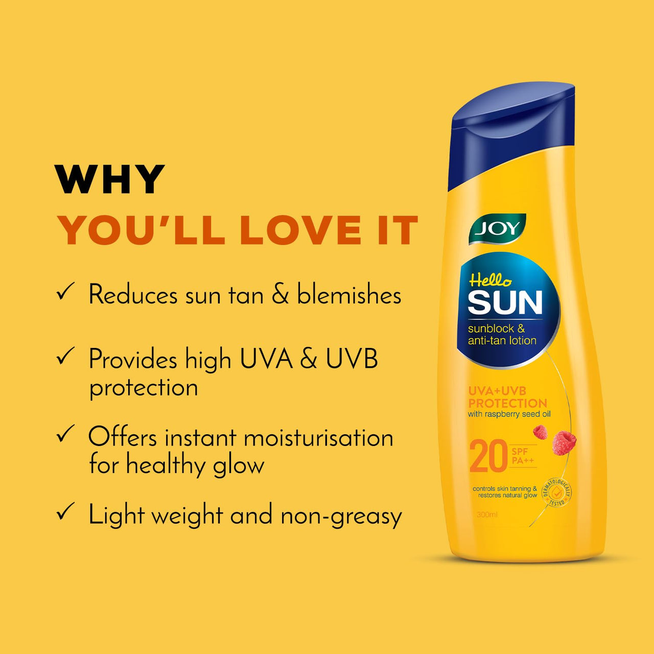 Joy Hello Sun Body Sunscreen Lotion SPF20 PA++ (300ml) | UVA + UVB Protection | Tan Control and restores Glow | Lightweight, Fast Absorbing & Zero White Cast | For Normal to Oily Skin