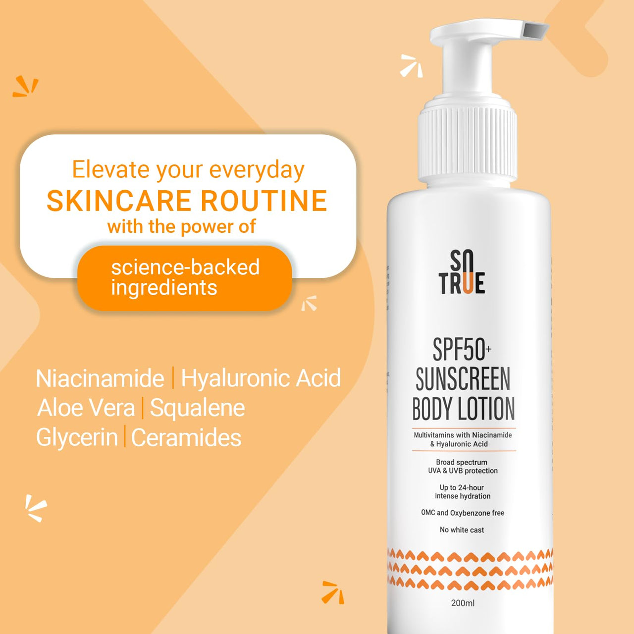 Sotrue SPF 50+ Sunscreen Body Lotion With UVA & UVB Protection, Upto 24-Hours Intense Hydration, Multivitamins with Niacinamide & Hyaluronic Acid, No White Cast, Lightweight, 200ML