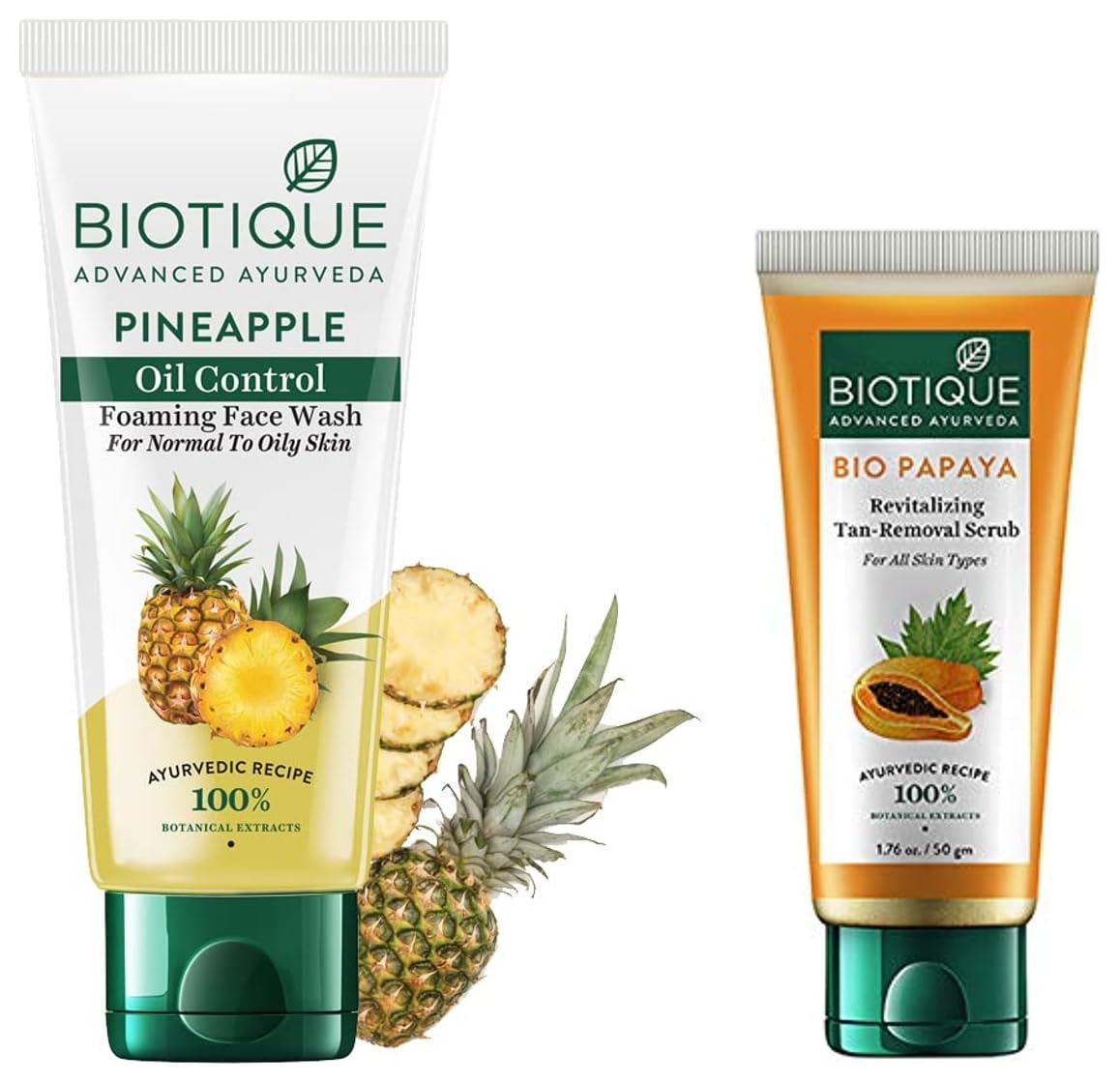 Biotique Bio Papaya Revitalizing Tan Removal Scrub, 50g And Biotique Bio Pineapple Oil Control Foaming Face Wash, 150ml