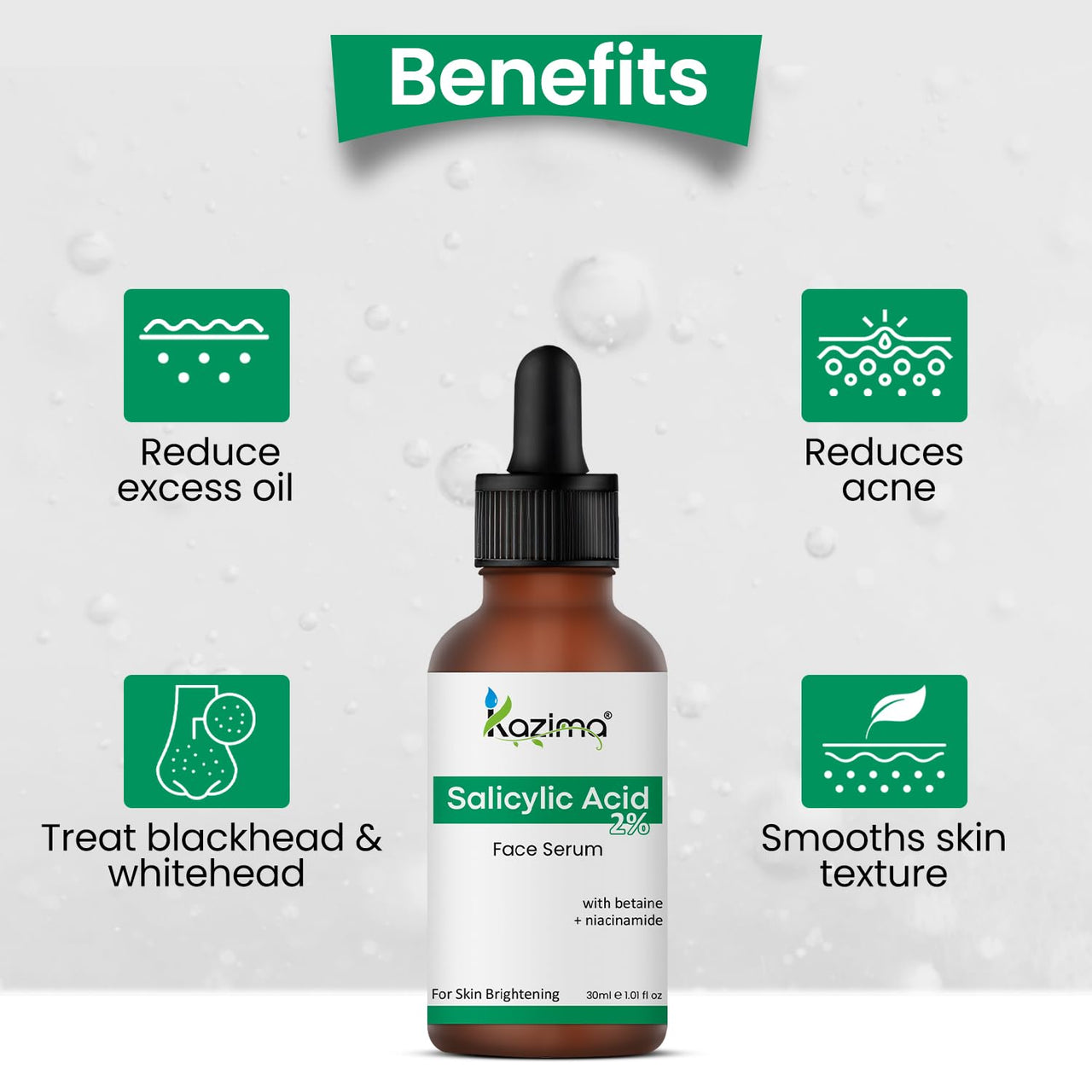 KAZIMA 2% Salicylic Acid Face Serum for Acne, Blackheads & Open Pores | Reduces Excess Oil & Exfoliates Skin | Salicylic Acid Serum for Acne-prone & Oily Skin | For Women & Men | 30 ml