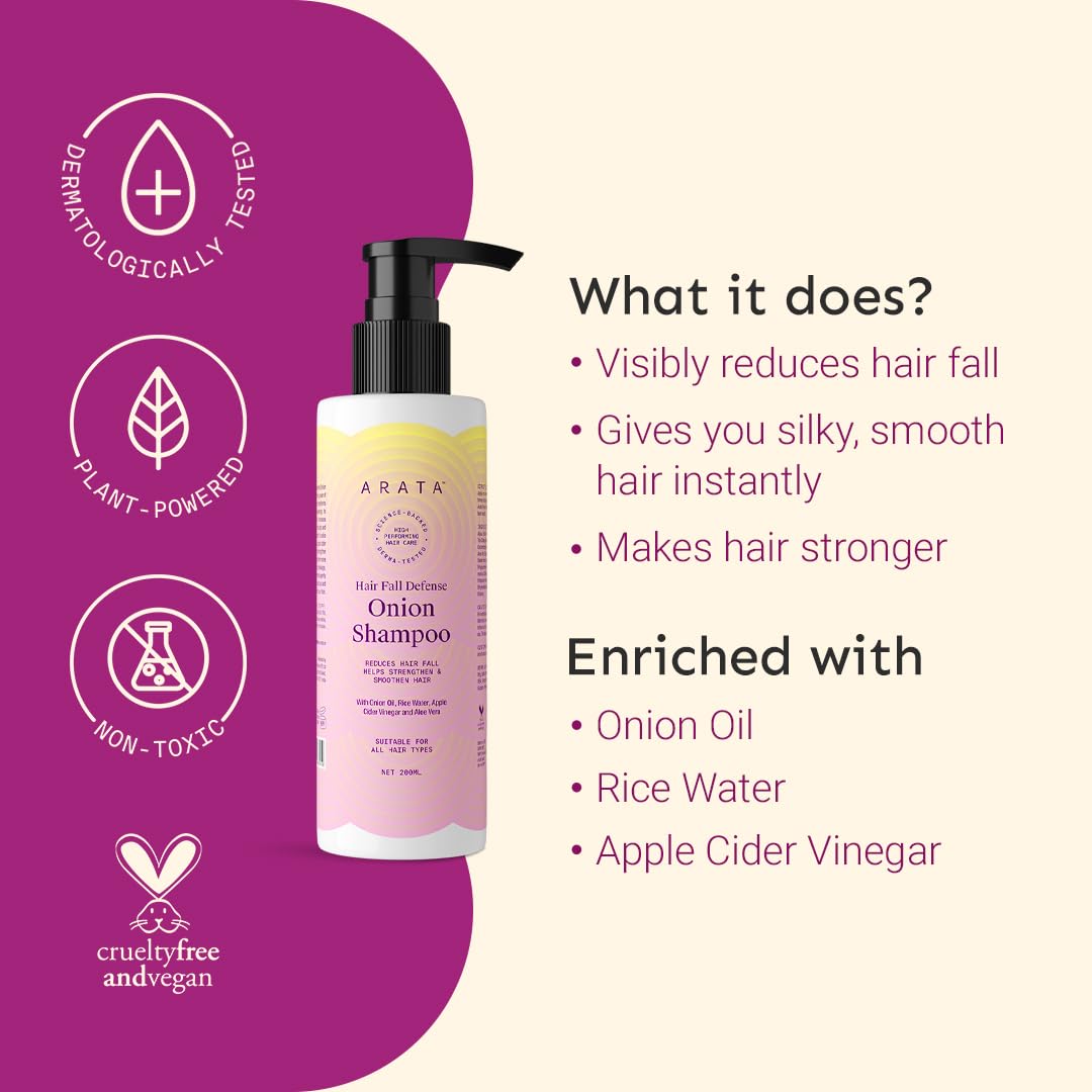 Arata Hair Fall Defense Onion Shampoo (200 ML) | Controls Hair Fall | Helps Strengthen & Smoothen Hair | With Onion Oil, Rice Water, Apple Cider Vinegar and Aloe Vera