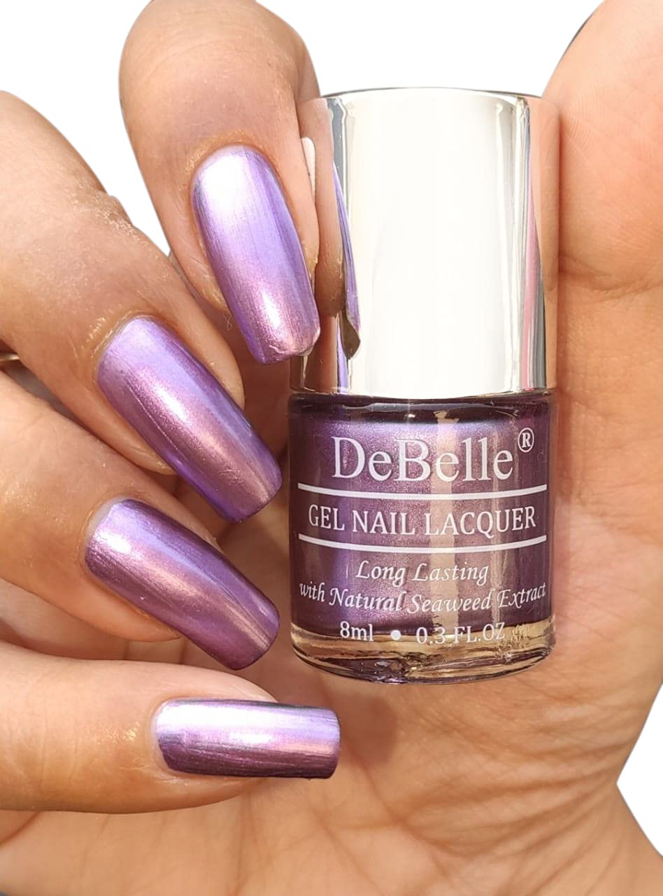 DeBelle Gel Nail Polish Chrome Wine(Metallic Violet Nail Paint)|Non UV - Gel Finish |Chip Resistant | Seaweed Enriched Formula| Long Lasting|Cruelty and Toxic Free| 8ml