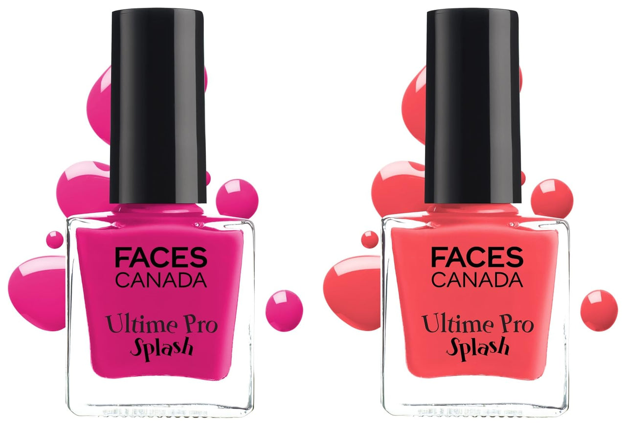 FACESCANADA Splash Nail Enamel, Pink Flemenco 21, 8 Ml And Faces Canada Glossy Finish Splash Nail Enamel 8 Ml, Coral Island 62, 1 Count