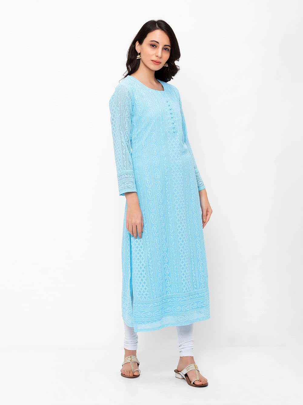 ZOLA Exclusive Georgette Round Neck with Full Sleeves and Calf Length Luckhnowi Chikan Kari Kurta with Button Placket on Yolk Ethnic Wear Straight Kurta for Women Pack of 1