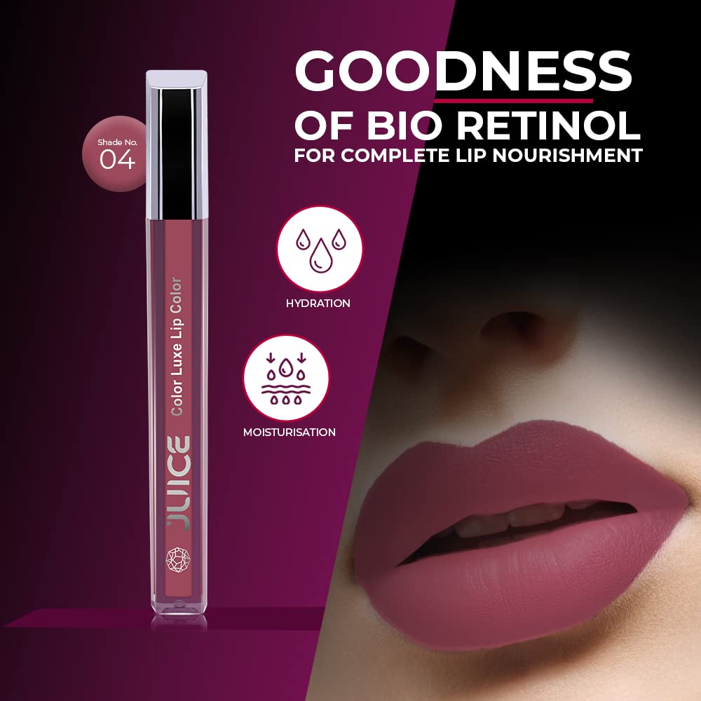 JUICE Matte Lipstick with Goodness of Bio Retinol, Moisturising lock technology, SPF 15 Waterproof & Long Lasting Bling Pink M04
