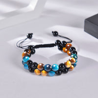 OAHERAS Beaded Bracelets for Men and Women Triple Protection Spiritual Healing Natural Yellow Blue Tiger Eye and Black Obsidian 8mm Stone Bead Energy Crystal Bracelet - Bring Good Luck and Happiness