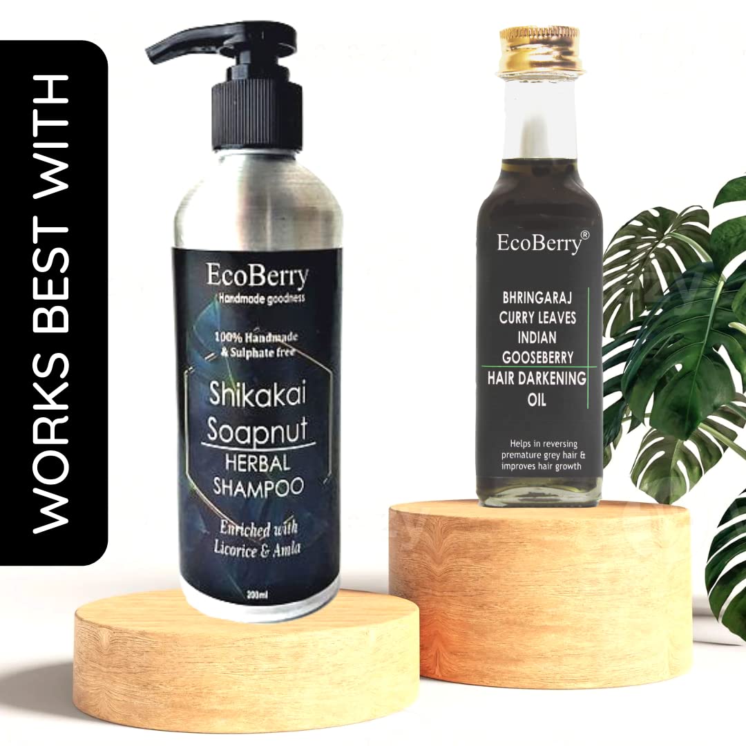 EcoBerry Bhringraj Curry Leaves Indian Gooseberry Hair Darkening Oil | 100% Natural, Organic & Vegan | Strengthens Hair, Reduces Breakage, Dandruff & Dry Scalp | Chemical-Free, Alcohol-Free, Paraben-Free | 100ml