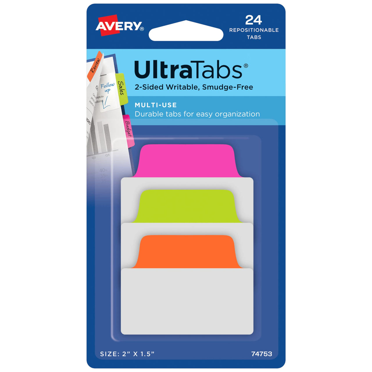Avery Multiuse Ultra Tabs, 2" x 1.5", 2-Side Writable, Neon Pink/Green/Orange, 24 Repositionable Tabs (74753) 24 tabs Assorted Neon