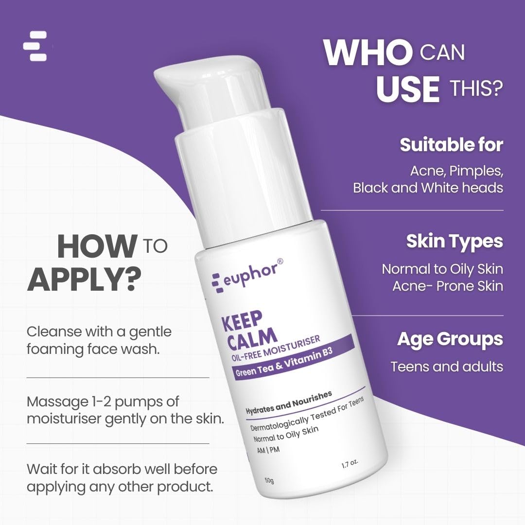 Euphor Teens | Oil-free Gel Moisturizer- KEEP CALM | Controls Acne | Light Weight Hydration for Oily and Acne-prone Skin | Witch Hazel Extract, Niacinamide, Green Tea | PEG-free, Paraben-free, Sulphate-free | 50g | For Women and Men