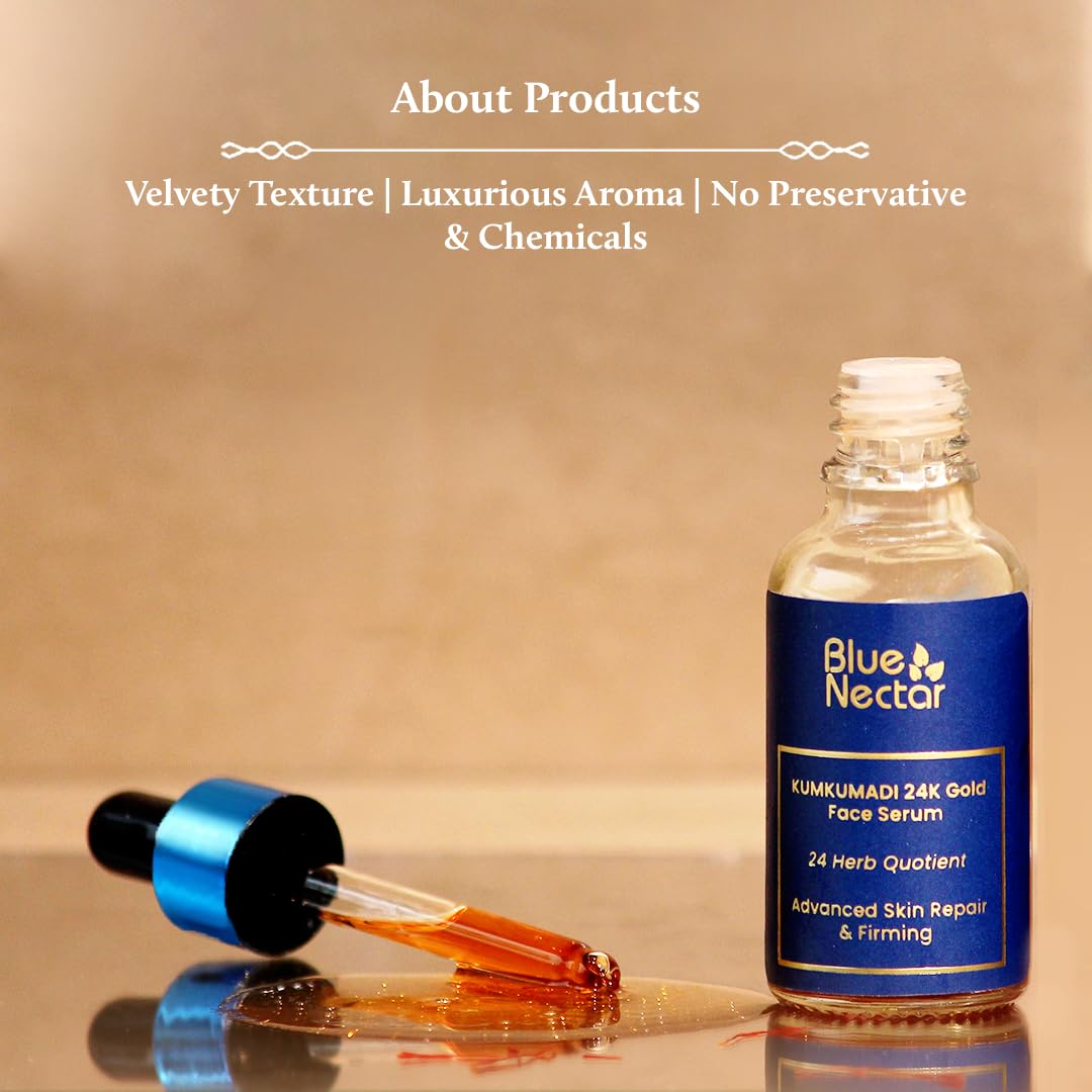 Blue Nectar 24k Gold Serum for Glowing Skin | Natural Kumkumadi Oil Serum for Face Infused with 24K Gold | Ayurvedic Face Serum for Skin Brightening and Skin Firming (24 Herbs, 10ml)