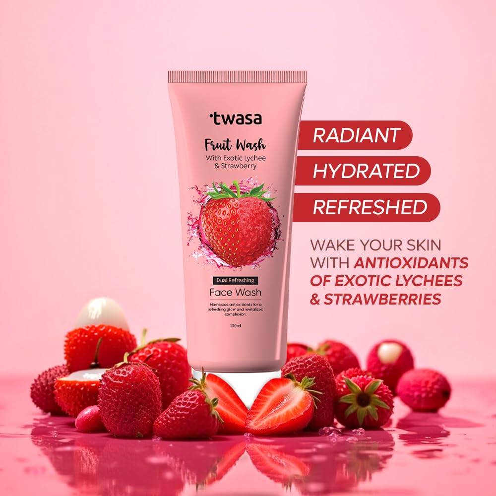Twasa Dual Refreshing Fruit Face Wash For Instant Glow & Revitalized Complexion with Exotic Lychee & Strawberry | Brightening, Exfoliating & Gentle Skin Hydrating Face Wash - 100 ml