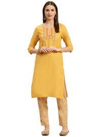 rangita Women 100% Cotton Yoke Zari Embroidered Knee Length Straight Kurti