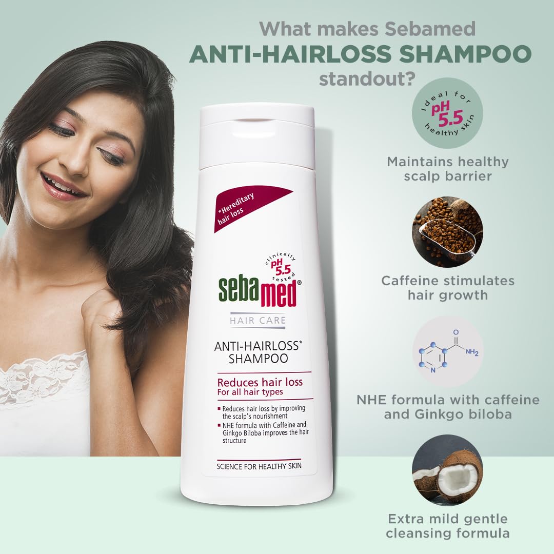 Sebamed Anti Hairloss Shampoo 200 ml|pH 5.5|Reduces Hairloss|Caffeine & Gingko Biloba| Hairfall| men & women |phthalates SLS and parabens free l Soap free l Toxin free l Clinically proven l