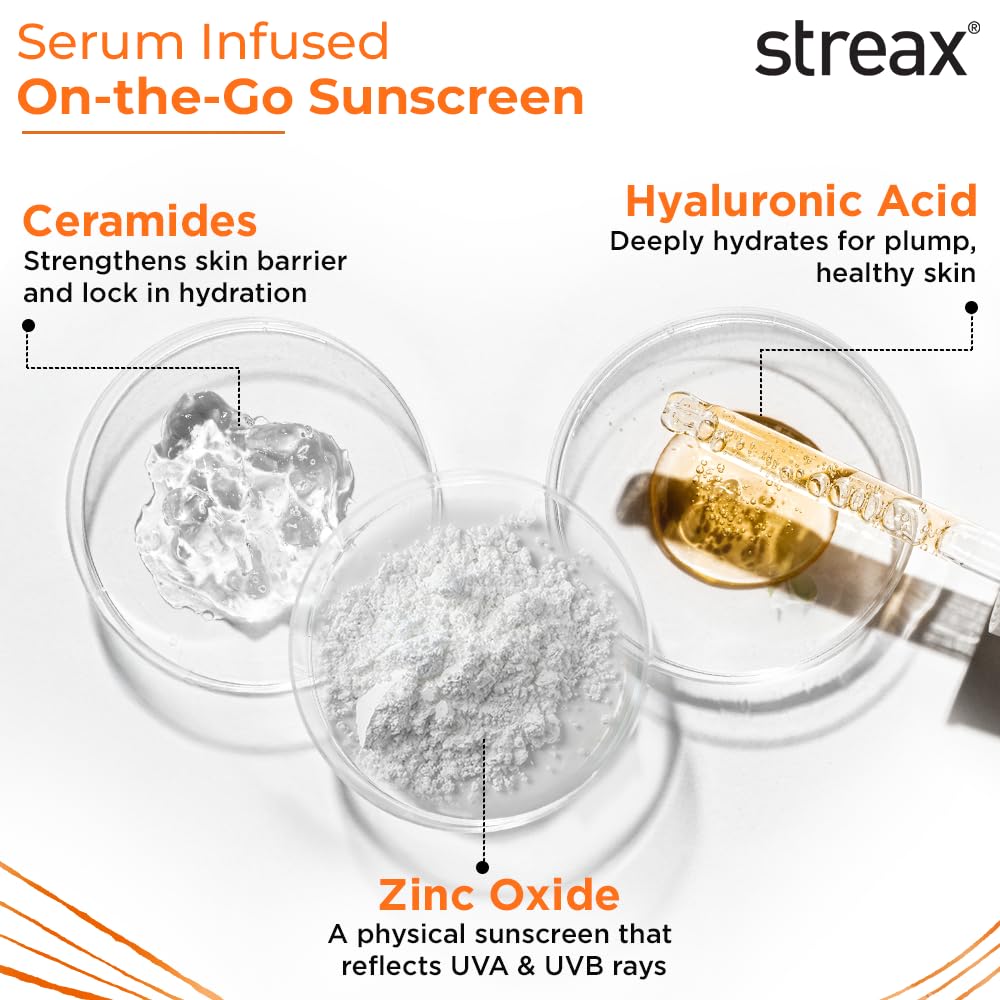 Streax Sunscreen Stick SPF 60 PA++++,20 g|Broad-Spectrum UV Care|Hyaluronic Acid & Ceramides Serum complex |Non-Greasy & No White Cast|Travel-Friendly & Fuss-Free Application