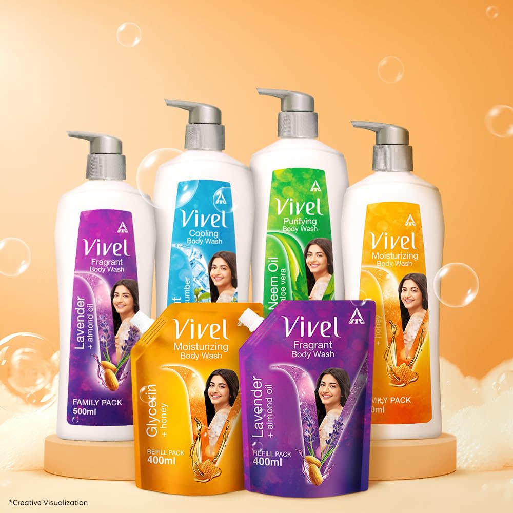 Vivel Moisturizing Body Wash, Glycerin & Honey Shower Gel, 500 ml Pump Bottle, For Soft, Glowing Skin, Mild and Pure Bodywash, For Women and Men