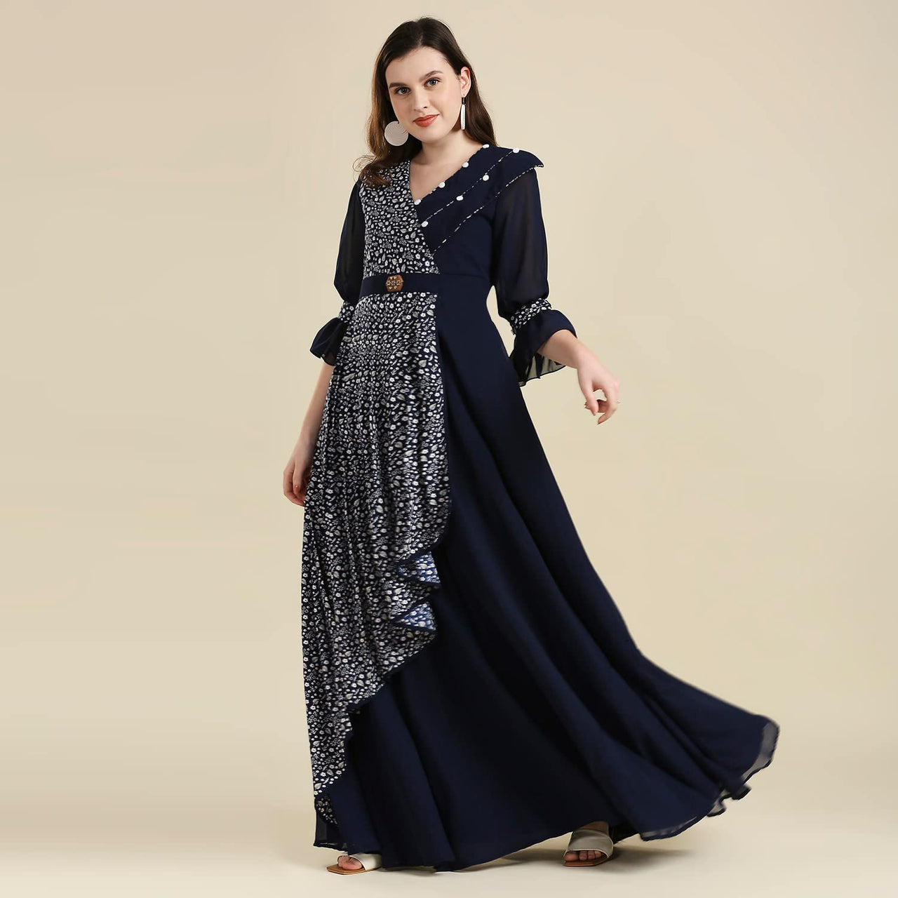 madhuram Women and Girls Fox Georgette and Printed V-Neck 3/4 Sleeve Anarkali Gown Stylish Kurta for Women (M-2345)