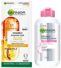 Garnier Skin Naturals, Micellar Cleansing Water, 125ml & Garnier Vitamin C Serum Ampoule Face Sheet Mask With Pineapple - For Dull Skin And Acne Spots