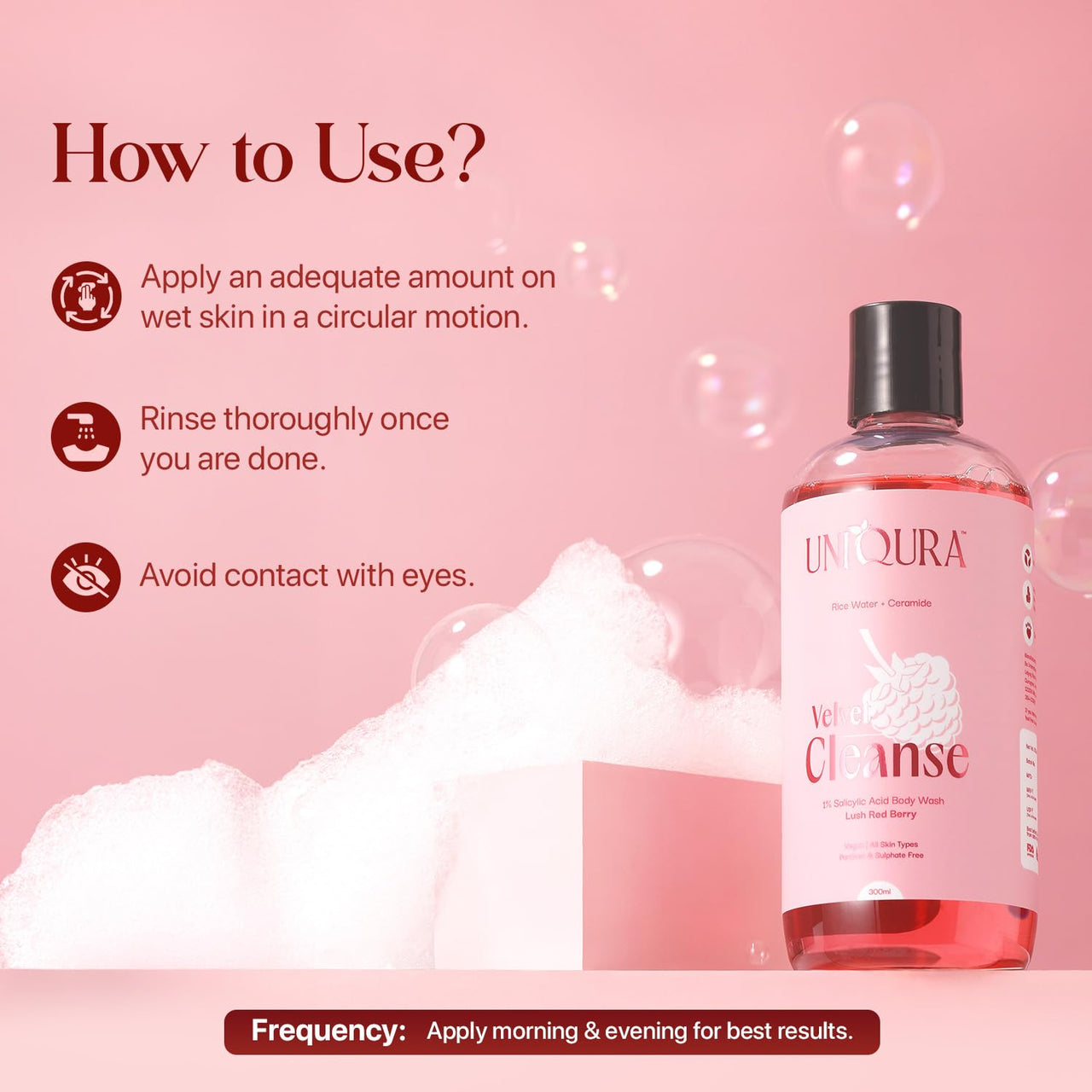 Uniqura 1% Salicylic Acid & Ceramide Body Wash Shower Gel For Women With Rice Water Helps To Exfoliates Body Acne, Bumpy and Strawberry Skin, Prevents Dry & Rough Skin, Paraben & Sulphate Free Shower Gel For Men (300ml) With Free Loofah