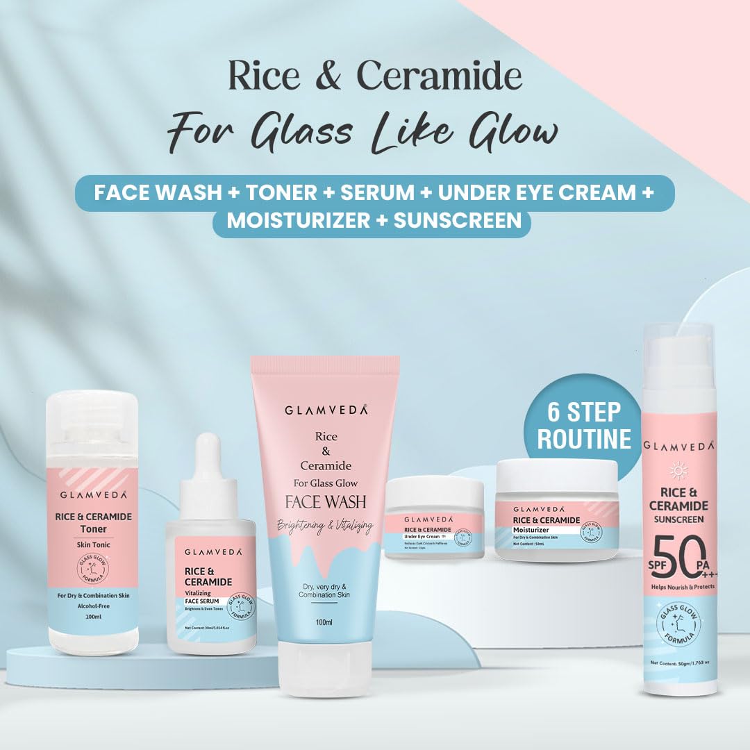Glamveda Korean Rice & Ceramide 6 Step Daily Skincare Routine For Women with Gift Box | Face wash, Toner, Serum, Under eye cream, Moisturizer & Sunscreen